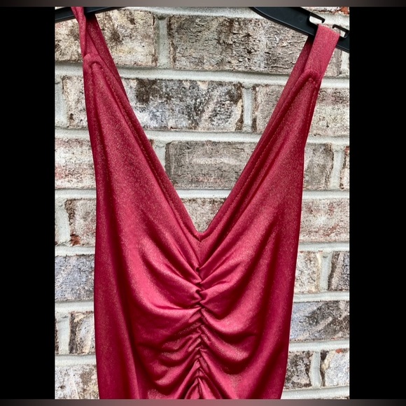 Y2K Red Burgundy Gold Sparkle Stretchy Salsa Ruffle Dress - Picture 6 of 7